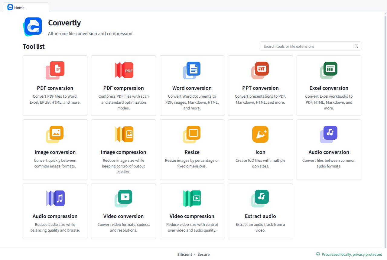 Convertly home screen showing the full tool list