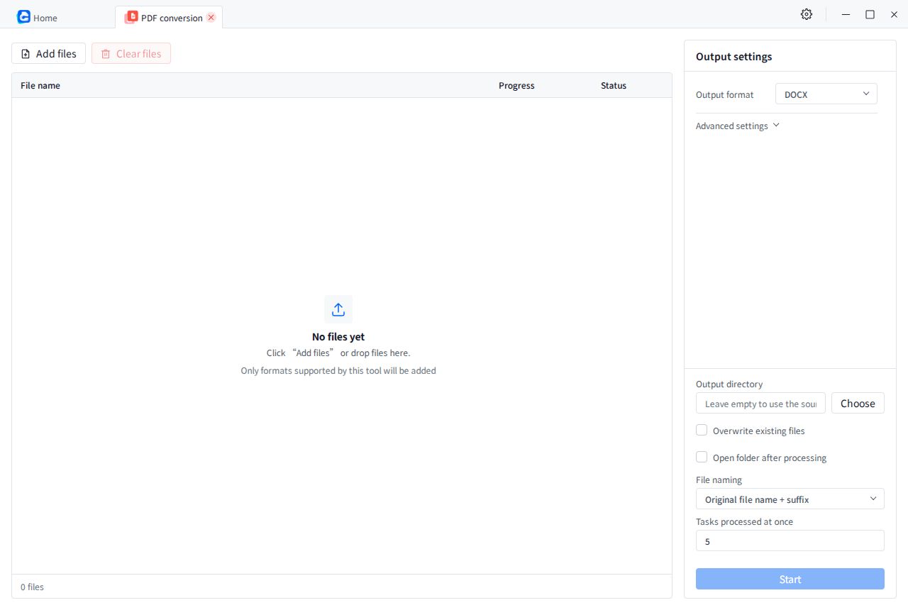 Convertly PDF conversion workspace with file list and output settings